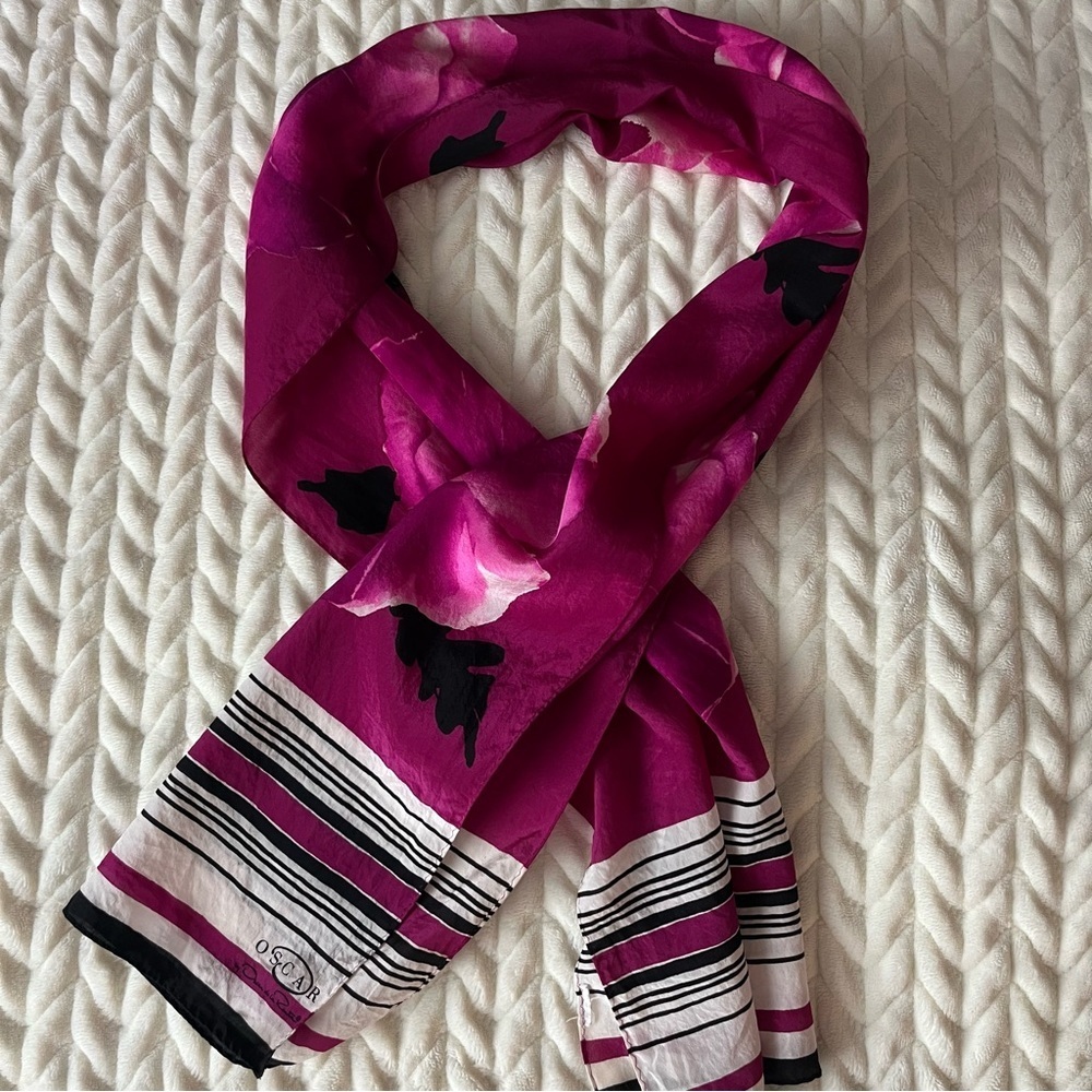 Oscar de la Renta vintage Silk Satin Floral Poppy Fuchsia Pink Scarf Wrap oblong - Picture 7 of 8